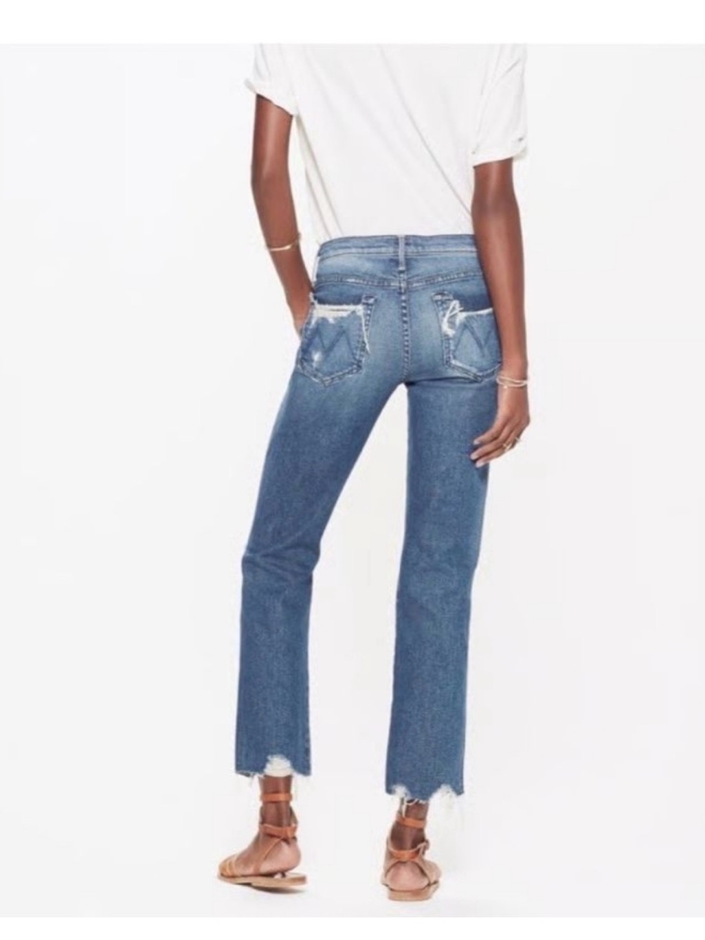 Mother Indigo High-Rise Cropped Straight Jeans With Distressed Pockets